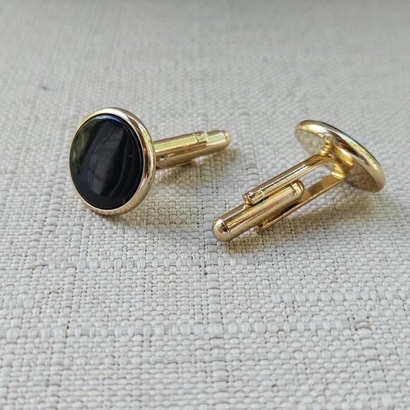 Men Shirt Cuff Links Gold Tone Fashion Men Jewelry Black Centered Cufflinks - Picture 9 of 11